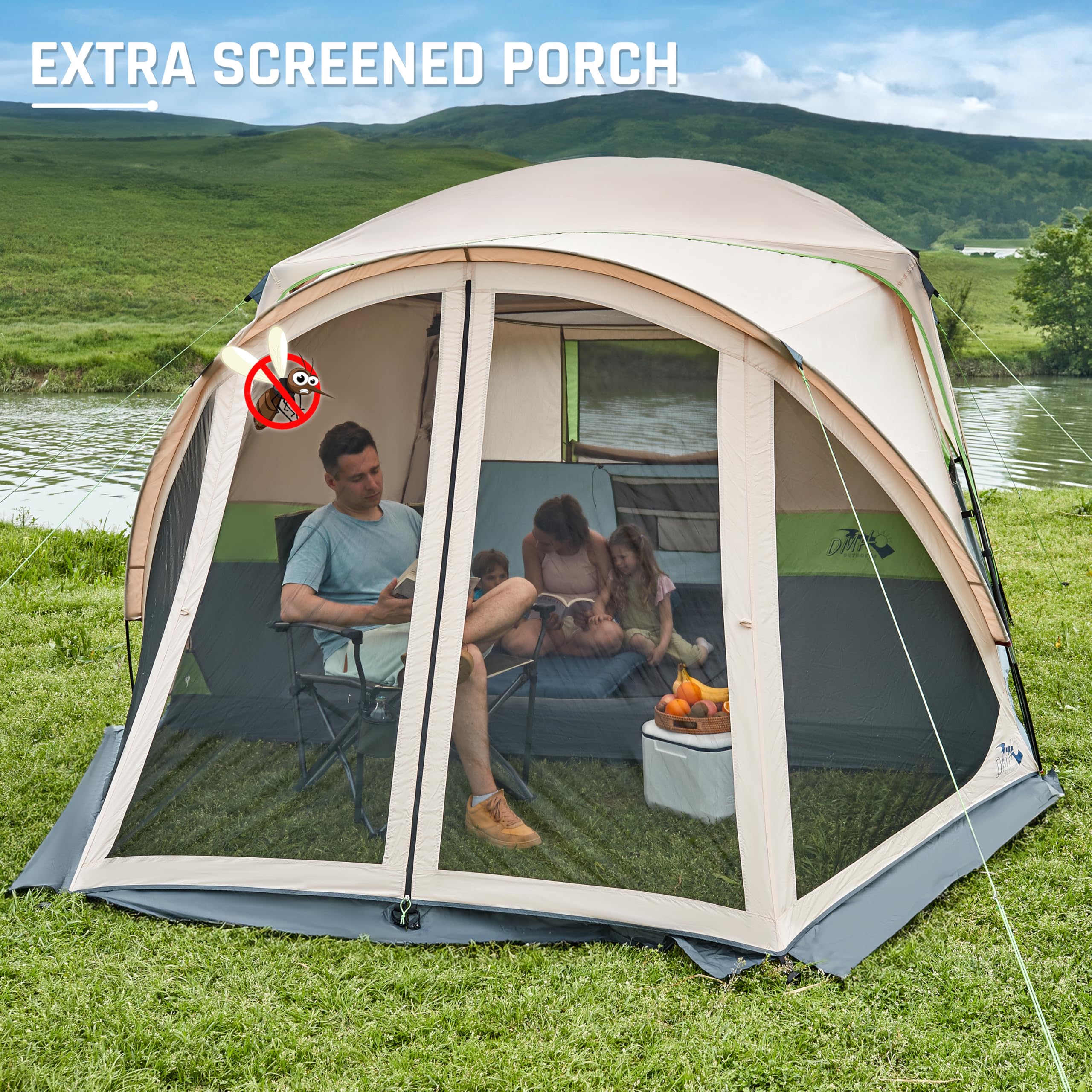 DMH Outdoors 6-person tent screen porch demonstrates bug-free lounging and extra shade