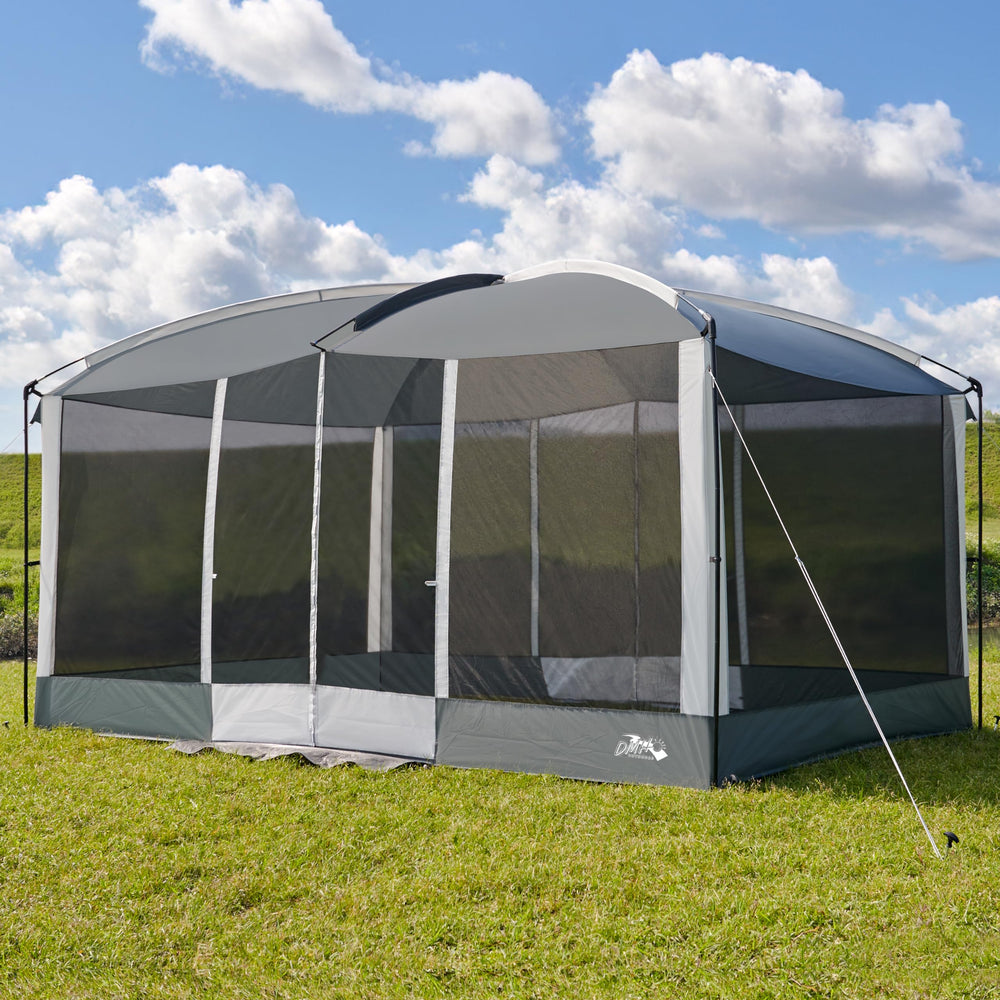DMH OUTDOORS screen house front view showing 13x9 footprint for shade and gatherings.
