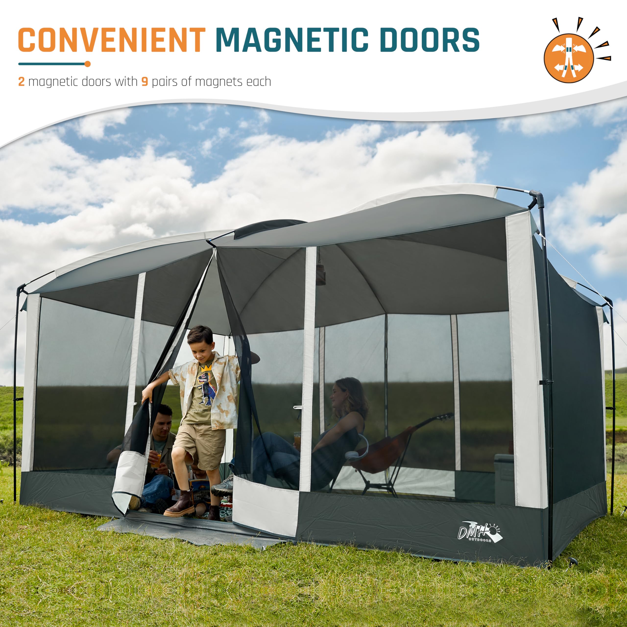 DMH OUTDOORS magnetic doors close automatically for a bug-free doorway.