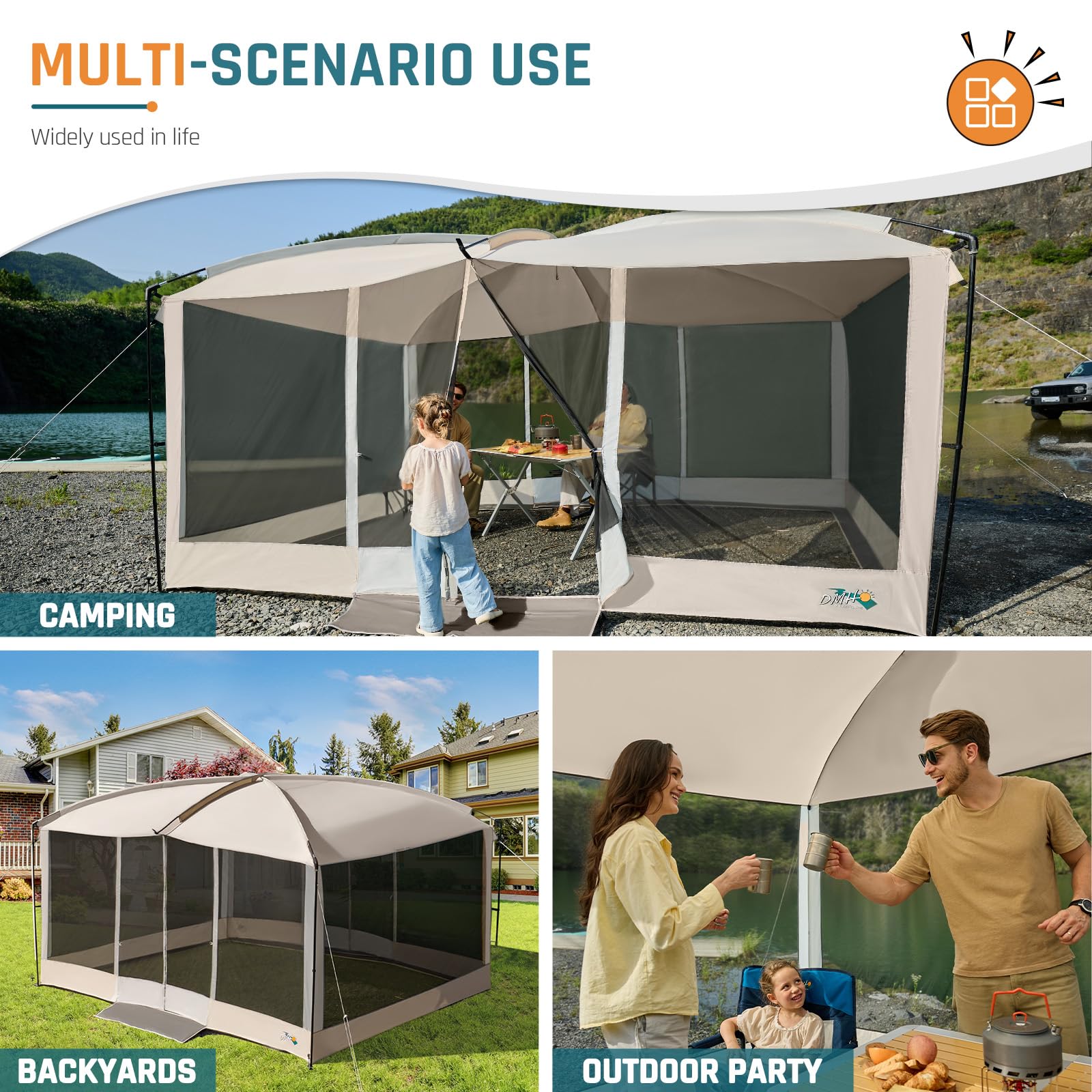 DMH OUTDOORS screen house tent beige reflective wind ropes improve visibility