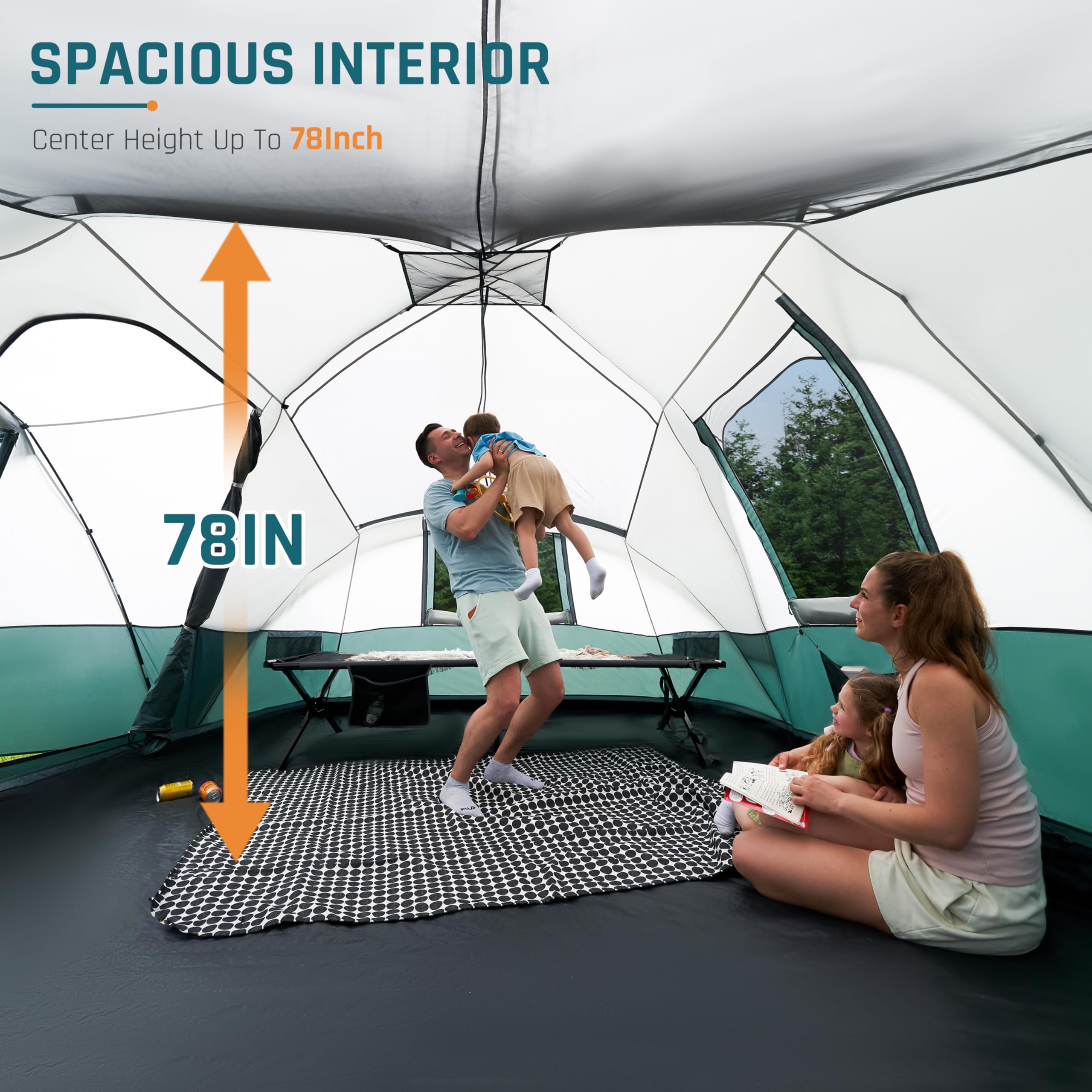 DMH OUTDOORS spacious dome tent interior demonstrates tall 78-inch center height for full standing comfort