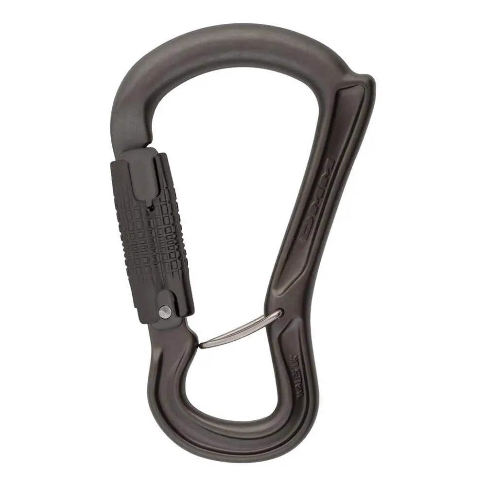 DMM Ceros Locksafe Carabiner shows belay orientation aid with horn for reliable loading.