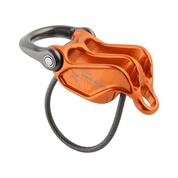 DMM Pivot belay device orange front view for controlled belaying and smooth lowering