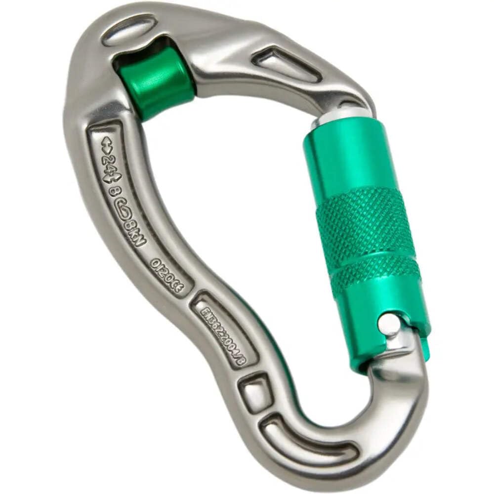 DMM Revolver LS carabiner, gunmetal with green gate, close-up highlighting smooth gate action.