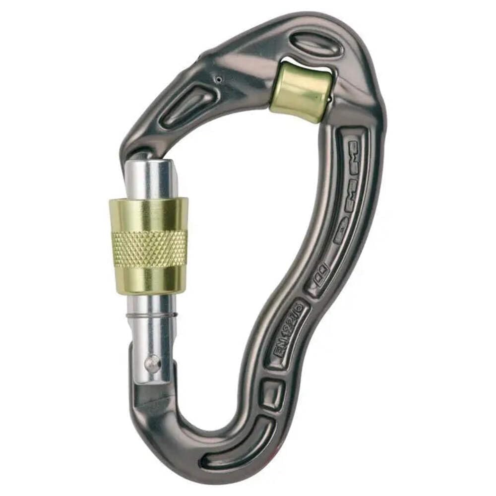 DMM Revolver SG carabiner in gunmetal with gold gate, ideal for climbing anchors and rope clipping.
