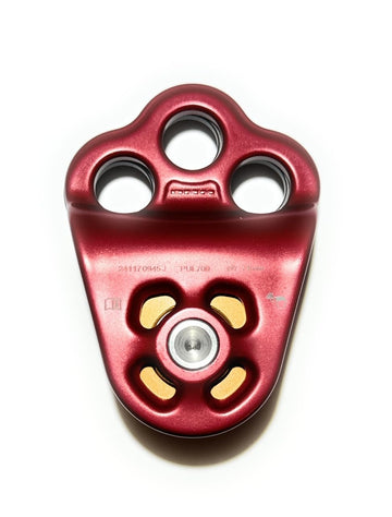 DMM triple attachment pulley 2 front view showing three-hole rigging design for hitch climber setups