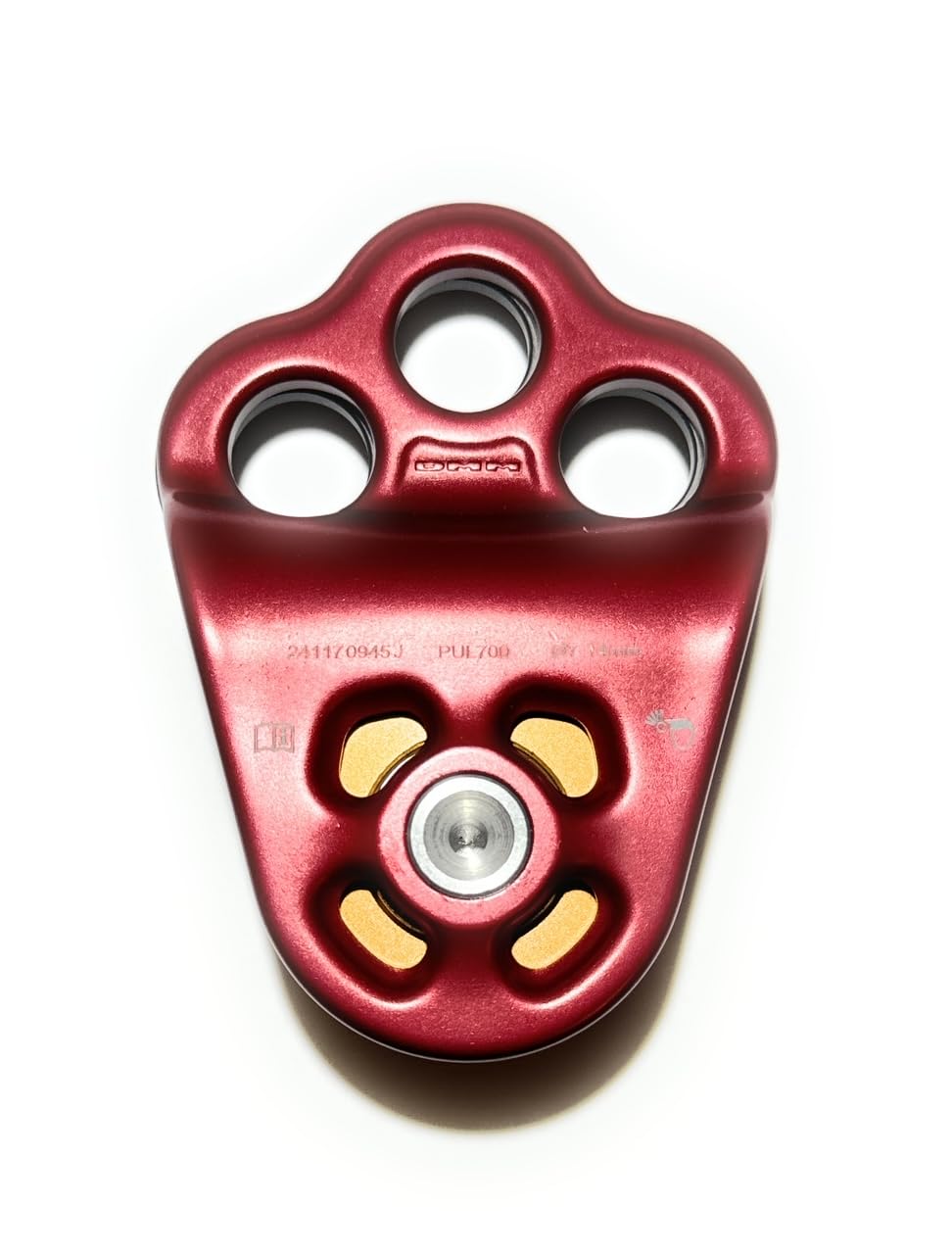 DMM triple attachment pulley 2 front view showing three-hole rigging design for hitch climber setups