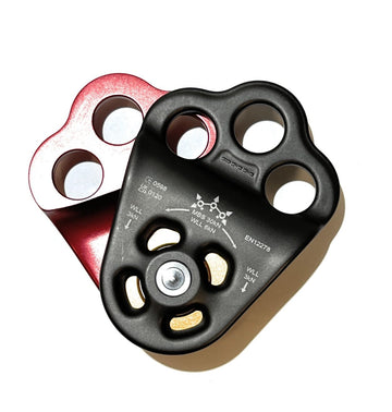 DMM triple attachment pulley 2 top view emphasizes larger U-shape for easier rope feeding