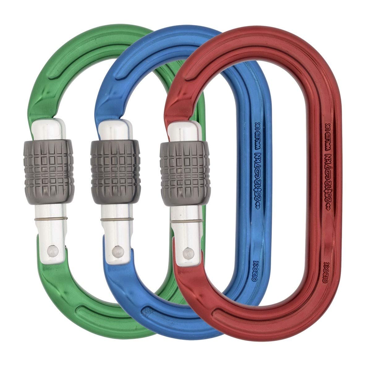 DMM Ultra Oval Carabiner in blue, red and green for color-coded gear organization and quick clipping