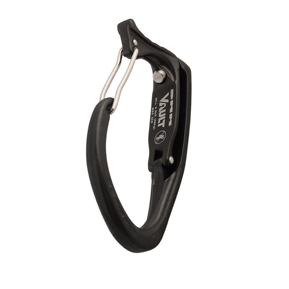 DMM Vault Wiregate carabiner in matte grey for organized ice screws and quick access