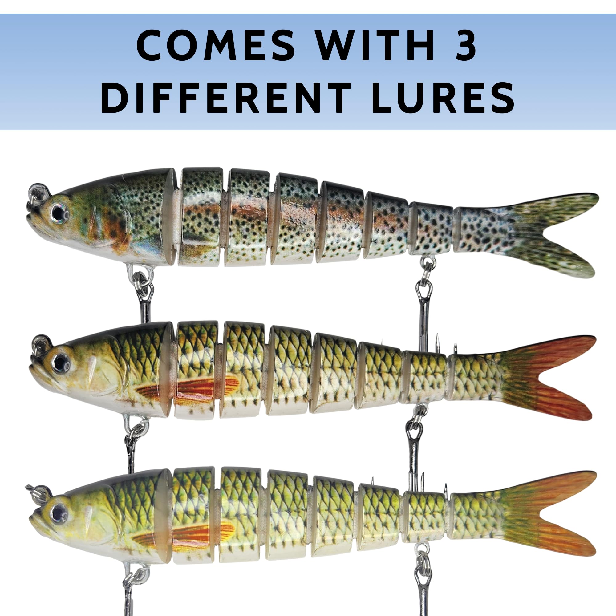 DMSE lure features 3D eyes and shimmering coating for realistic appearance.