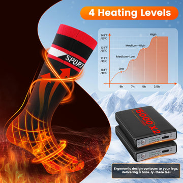 Dnin socks showing adjustable heat levels and quick heat