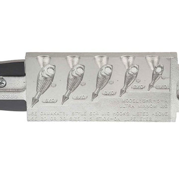 Do-It Ultra Minnow Jig Mold in silver with knife edge point showing sizes 18/14/38/12/58 oz
