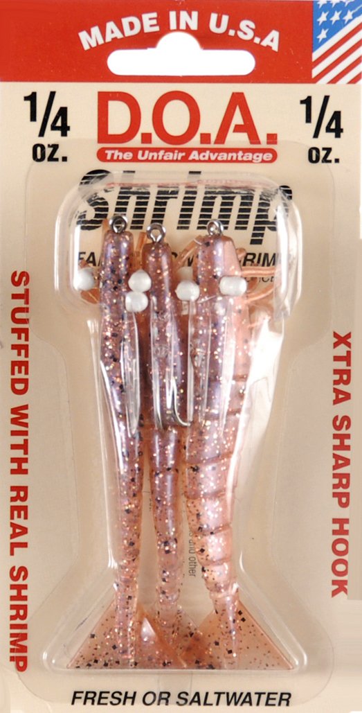 DOA FSH3-3P shrimp lure, New Penny color, enables longer casts and faster drops.
