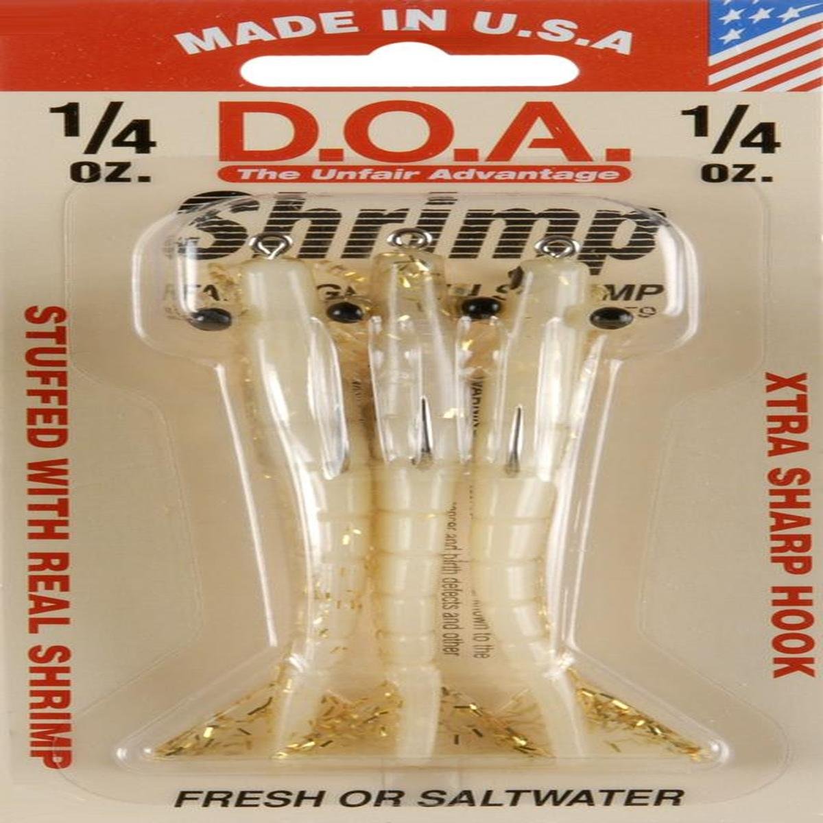 DOA Shrimp Glow Goldrush 3in lure glows for low-light casting and enticing bites