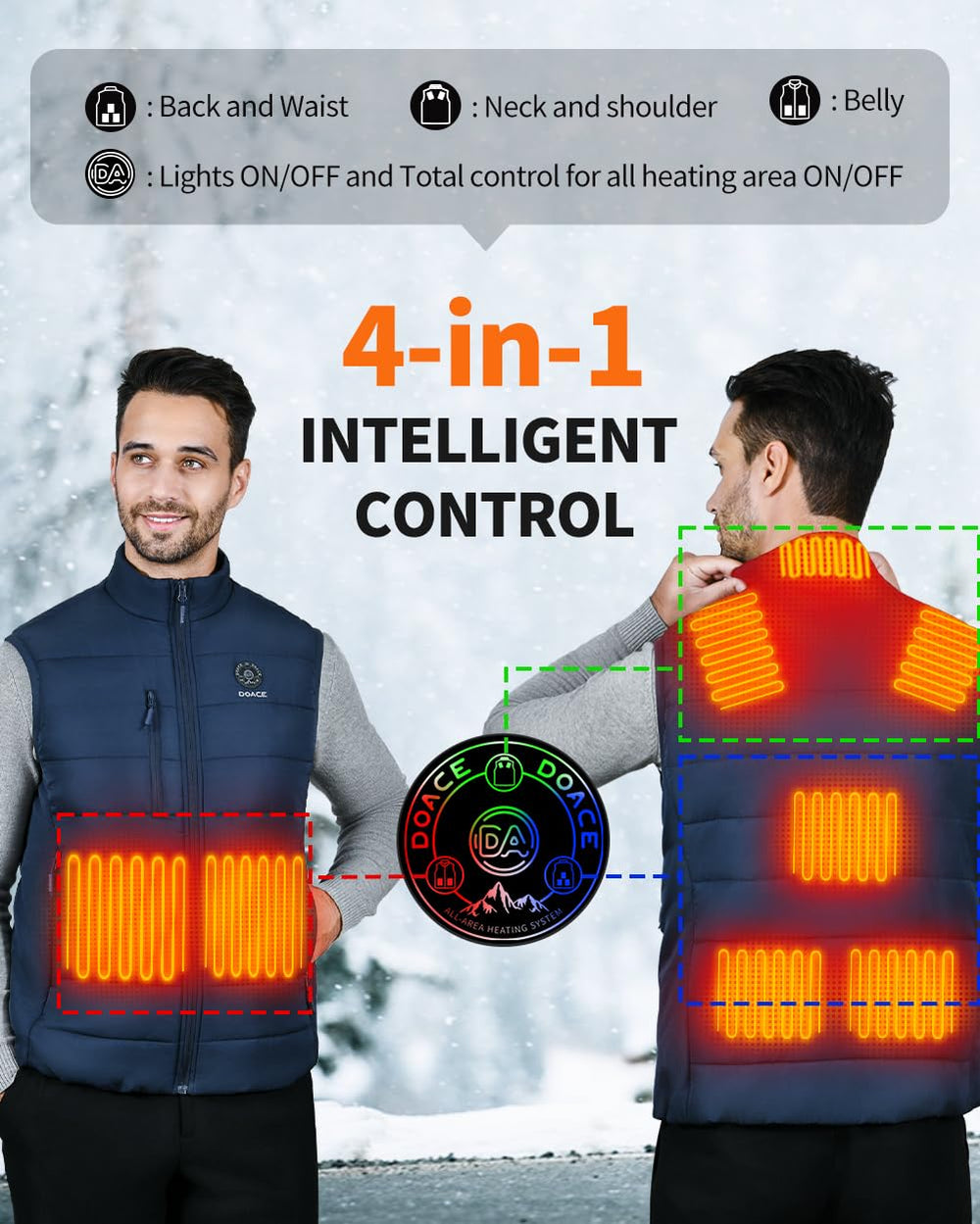DOACE heated vest lights-out design highlights heat control on the go.