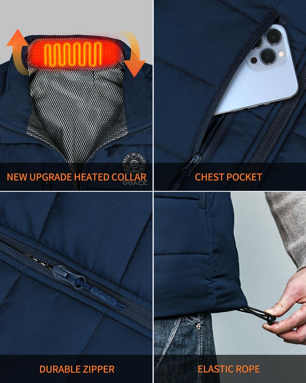 DOACE heated vest worn on a winter hike showing mobility with heat.