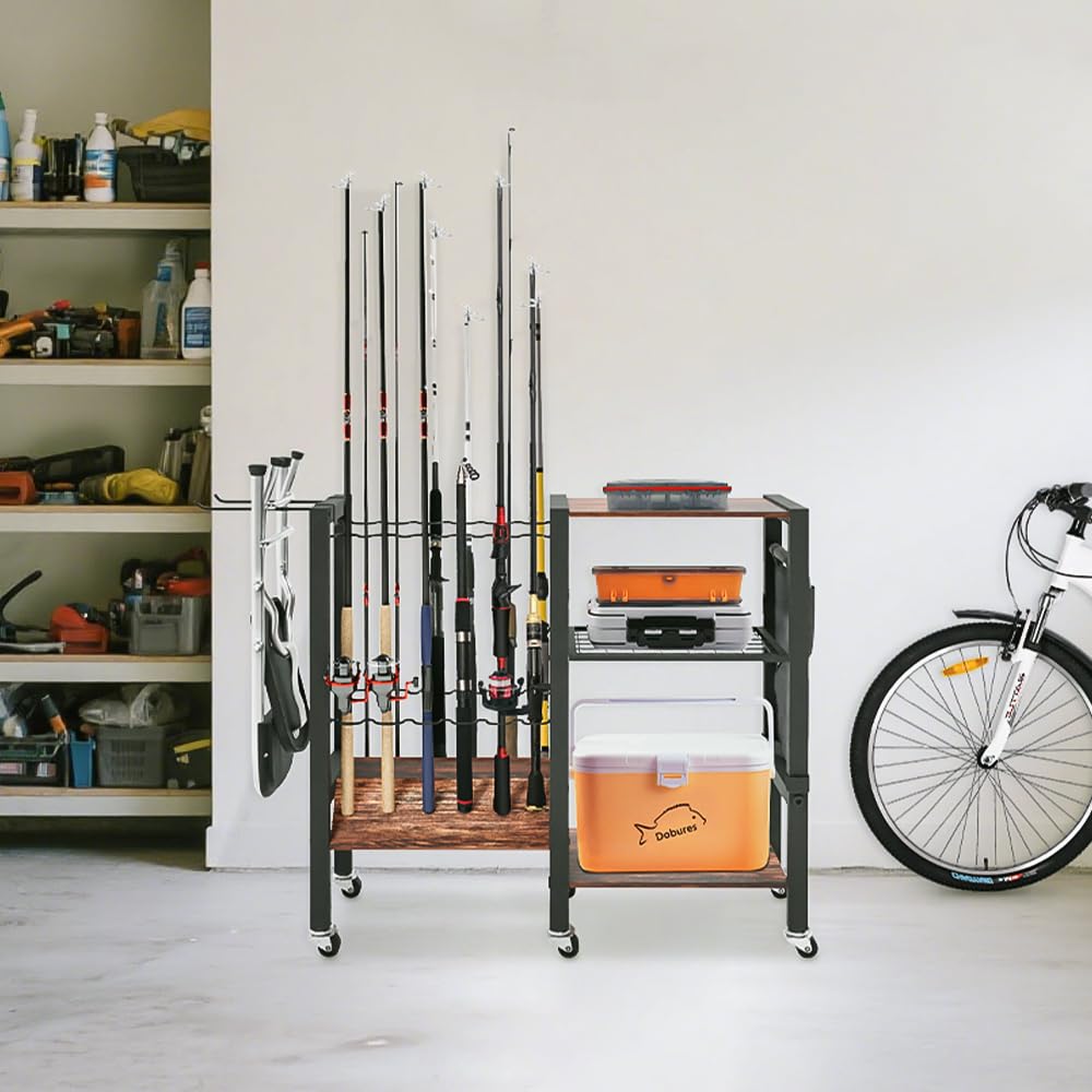 Close-up of 3-tier rack designed for tackle boxes and gear