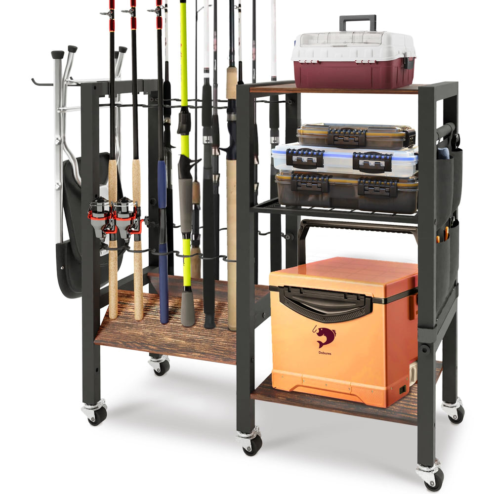 Dobures 12-rod fishing rod holder with 3-tier rack in a garage