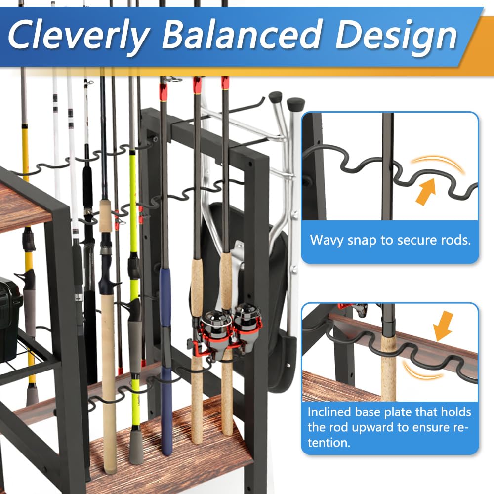 Rack showcasing storage for tackle boxes, bags, and accessories