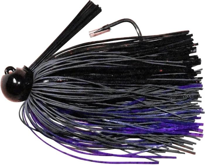 Dobyns Rods jig head with black rubber and purple silicone improves bait action.