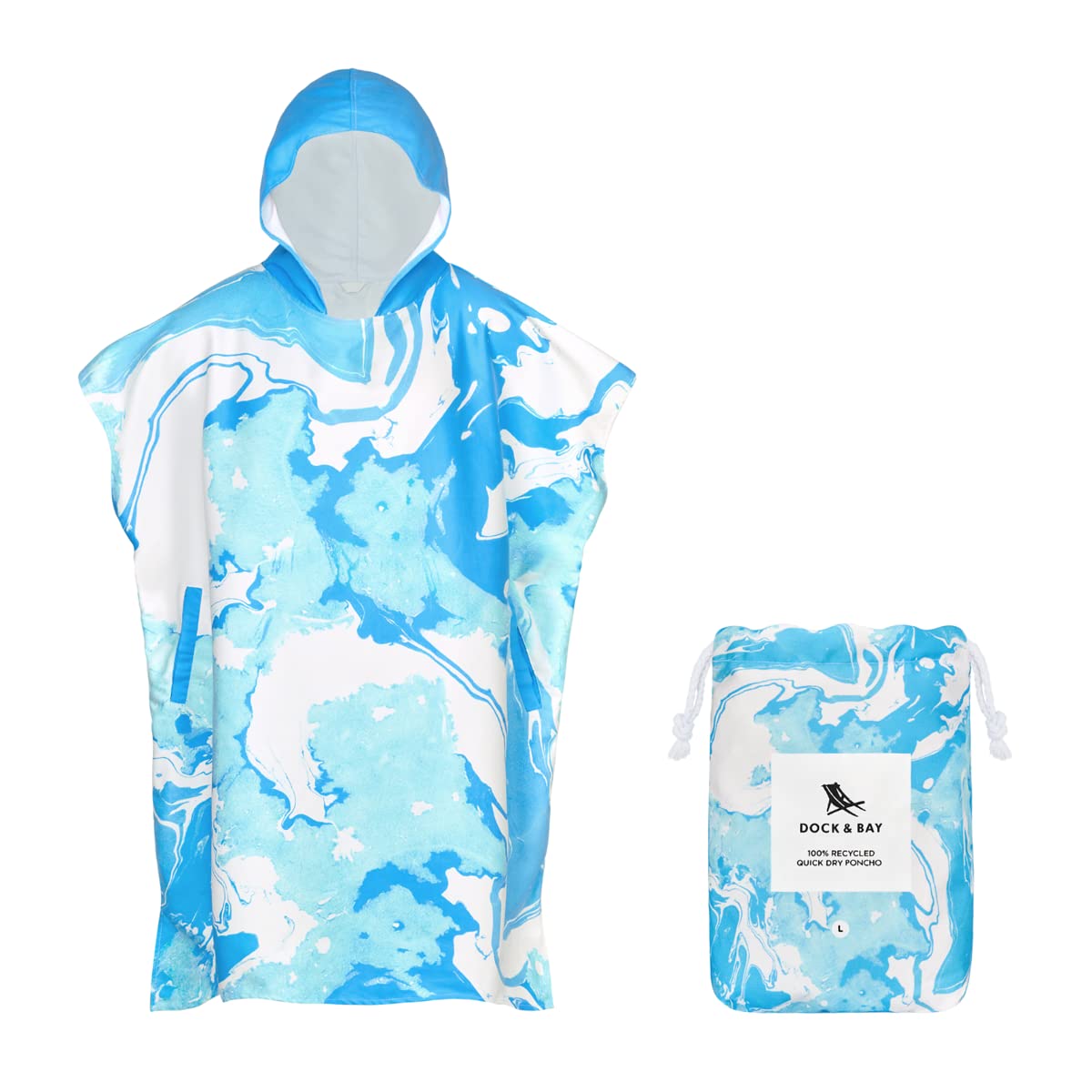 Dock & Bay marble-pattern poncho draped over shoulders after swim.