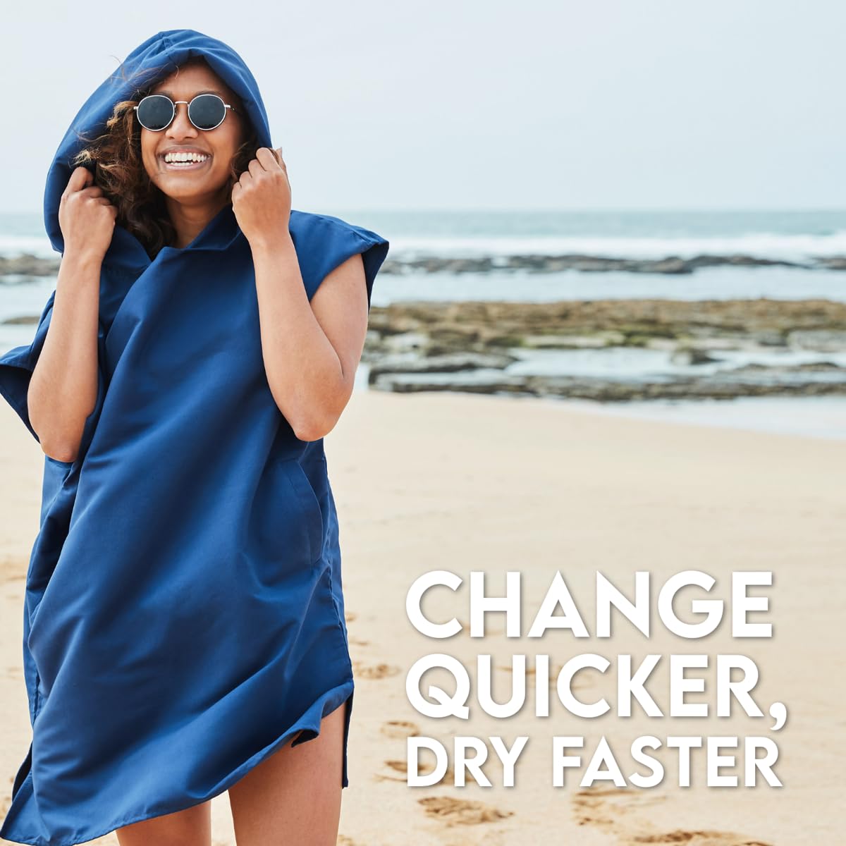 Dock & Bay hooded poncho pockets showcase ample storage during beach day