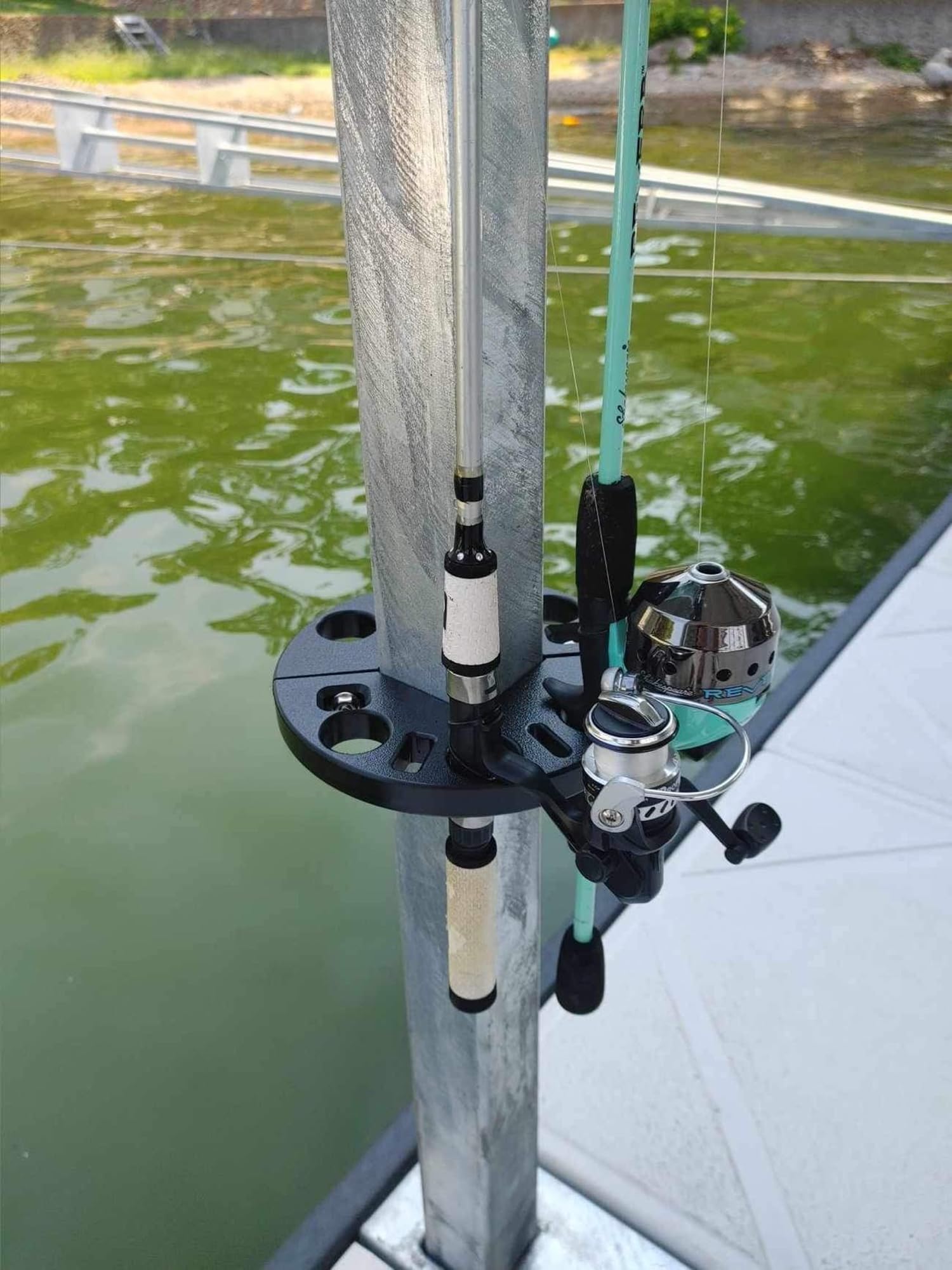 Dock safety improved by keeping rods off the walking path and organized.