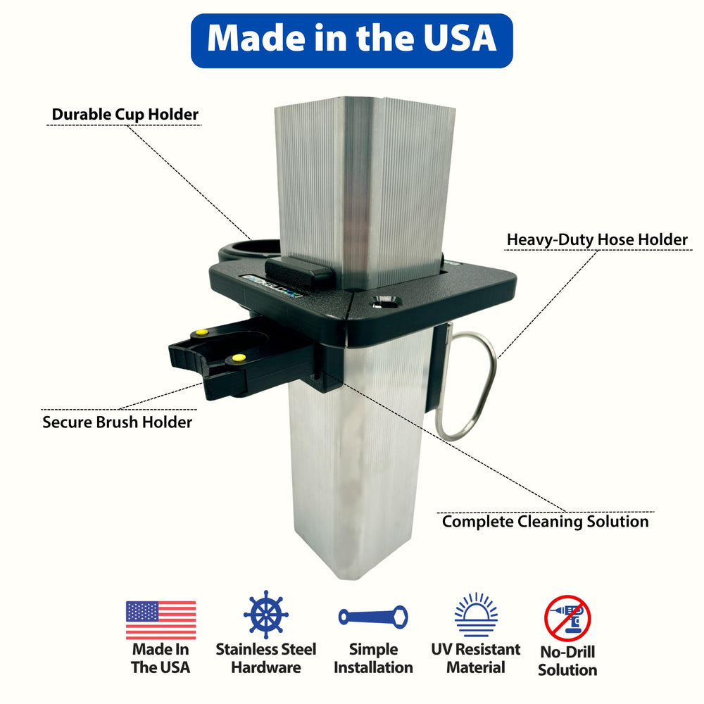 DockBloxx Ultimate Wash Station hose and brush holder keep cleaning tools organized