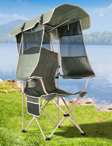 Docusvect folding camping chair canopy overhead shields sun for outdoor comfort.