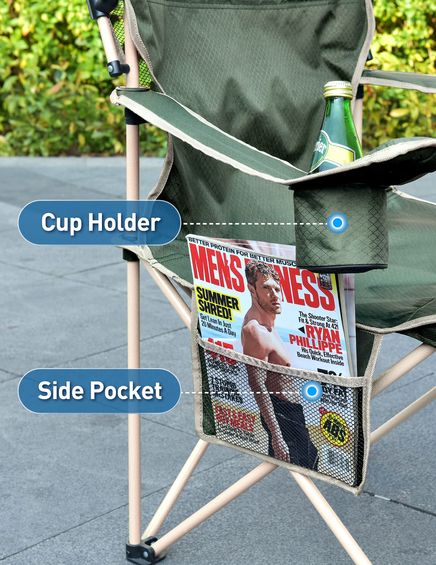 Docusvect chair cup holder keeps beverages secure during outdoor relaxation.