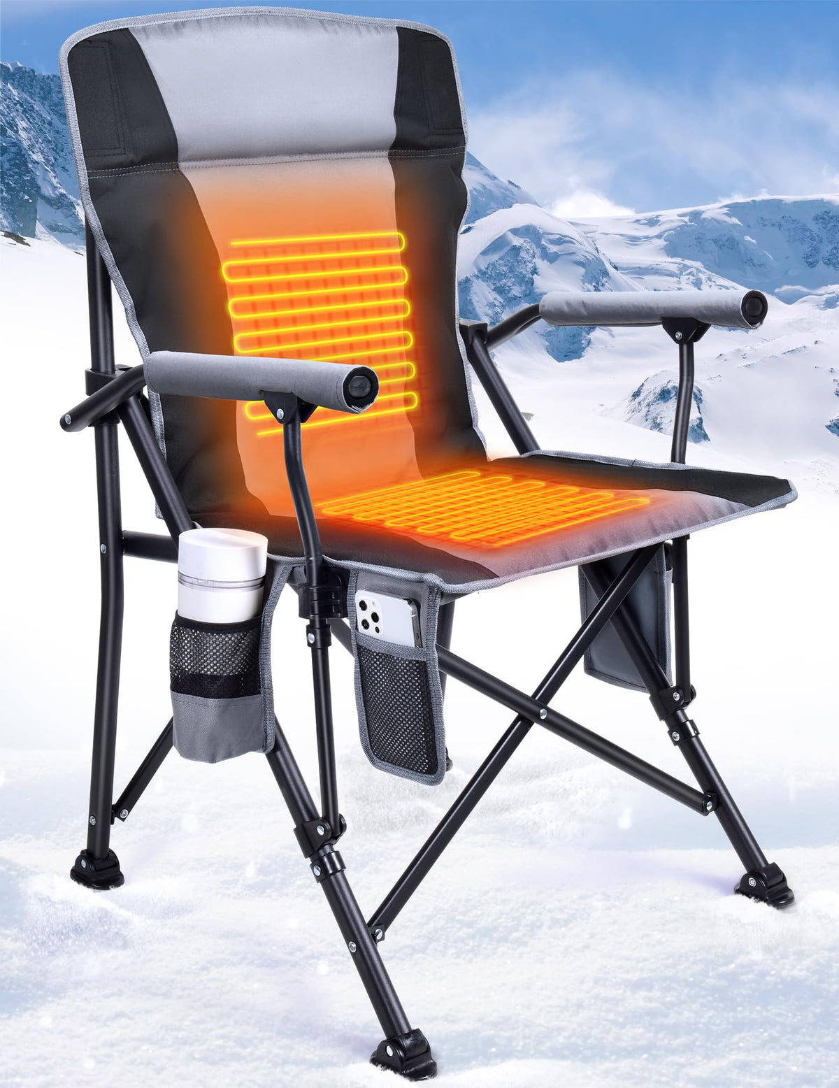 Docusvect heated camping chair back view highlights dual heating zones for warm comfort.
