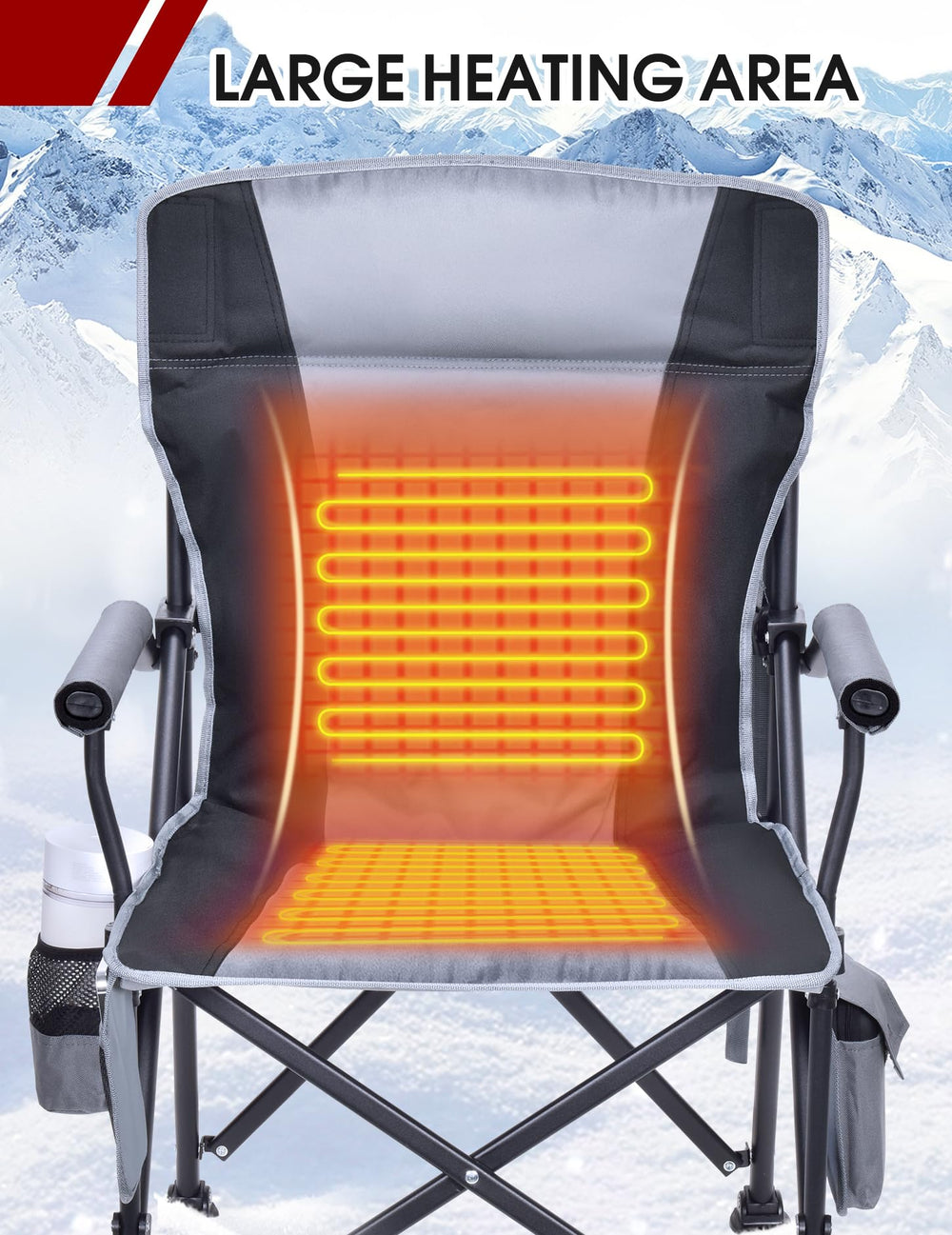 Docusvect heated camping chair seat close-up demonstrates padded comfort and temperature options.