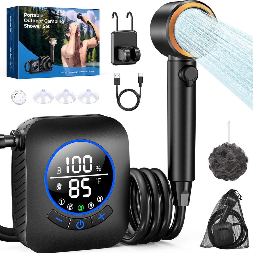 Docusvect portable shower with 8000mAh battery powering extended outdoor showers.