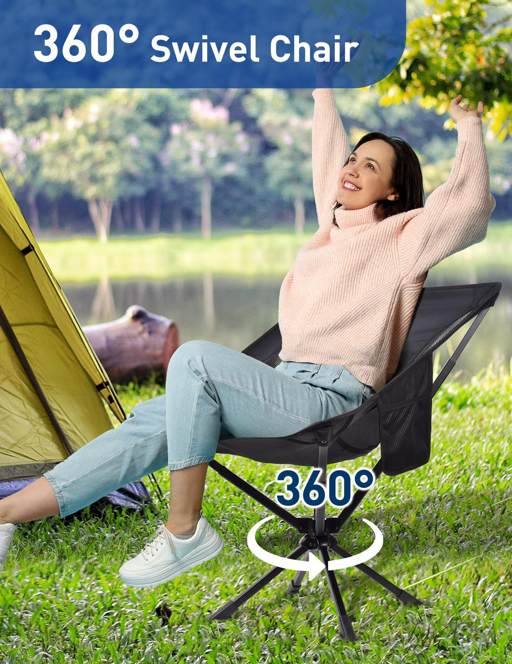 Docusvect ultra portable camping chair folded compactly beside a water bottle.