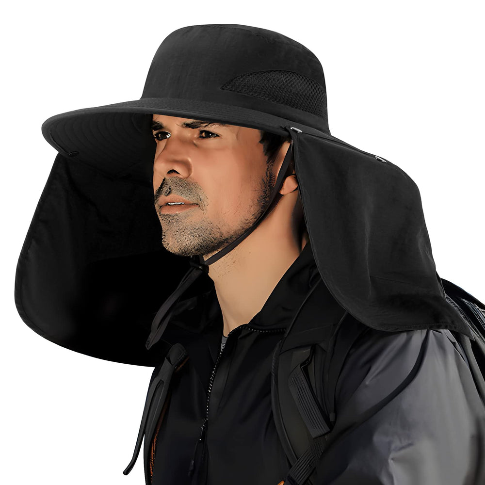 DOCVIT fishing hat black with wide brim and neck flap