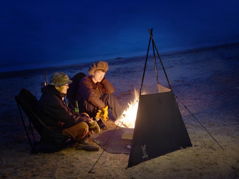 DOD Fire Break tepee-style windbreak enables quick setup for group camping.