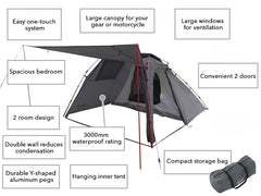 DOD Moto 1Pull tent outer vestibule provides shade and rain protection