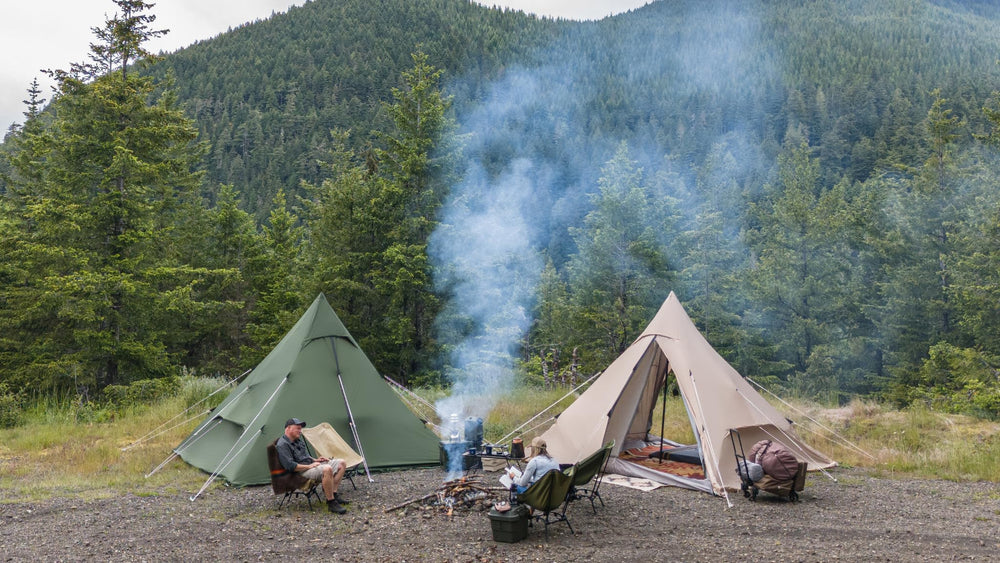 DOD RX Pyramid Tent tan color blends with natural surroundings.