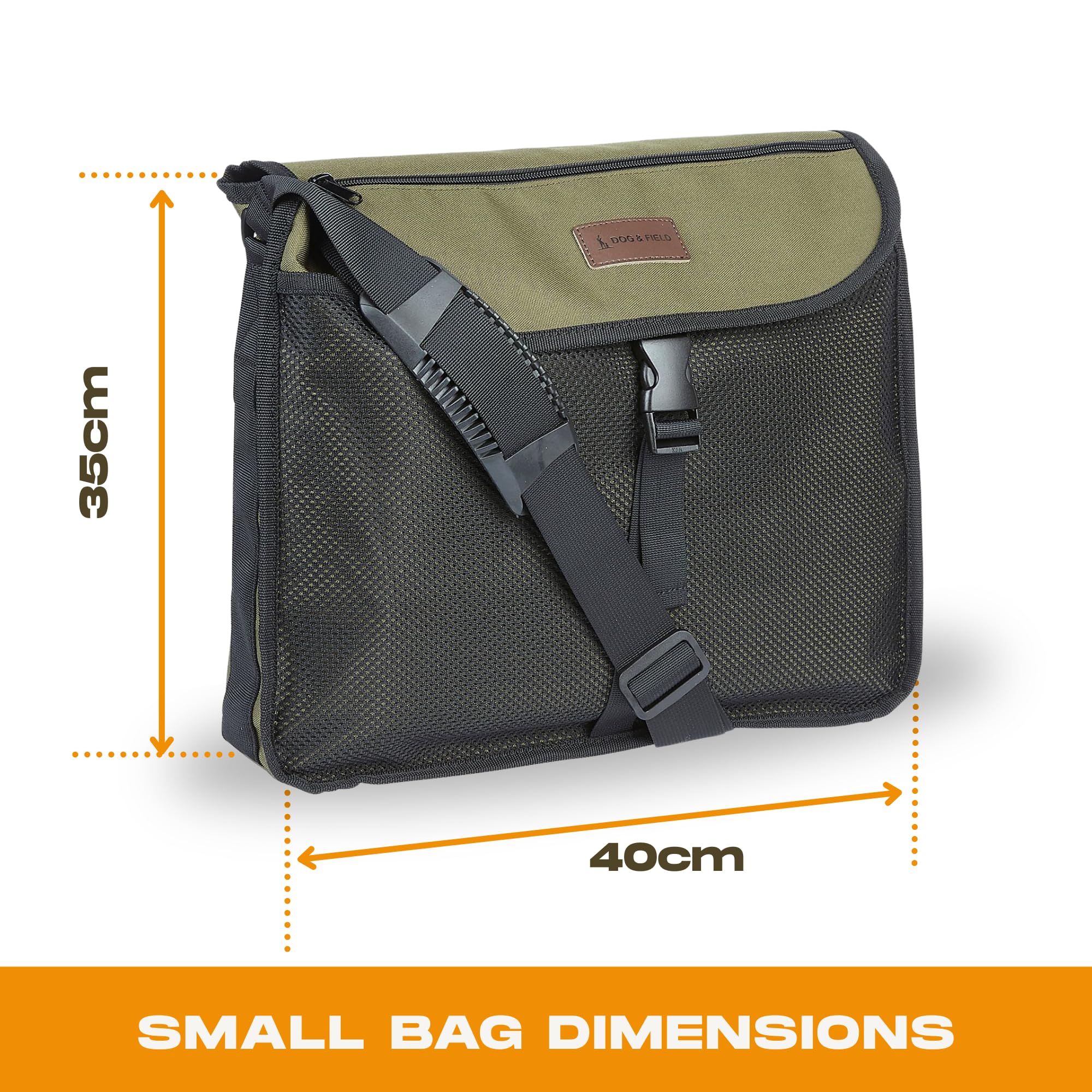 Dog & Field olive front mesh pocket view highlighting phone and key storage