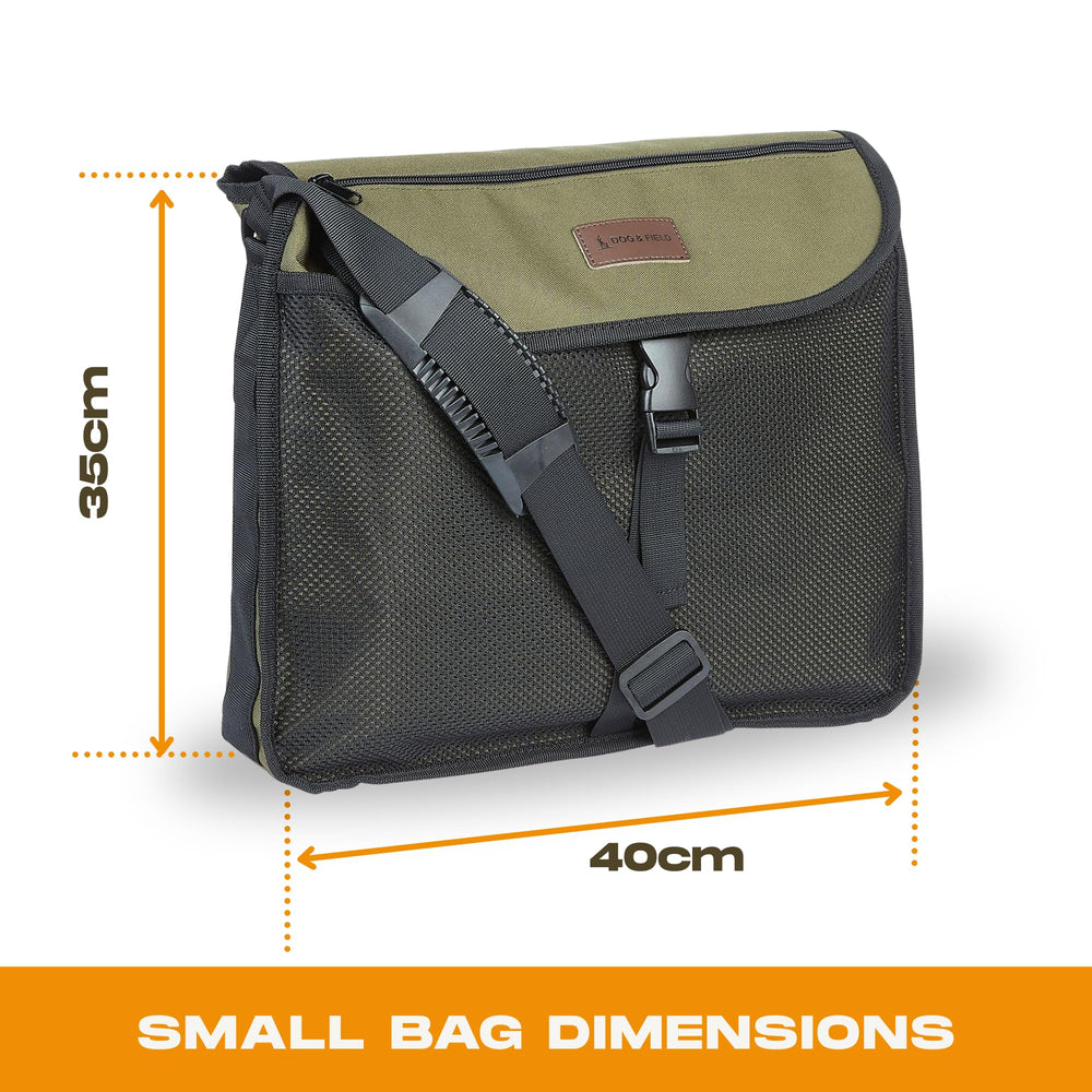 Dog & Field olive front mesh pocket view highlighting phone and key storage