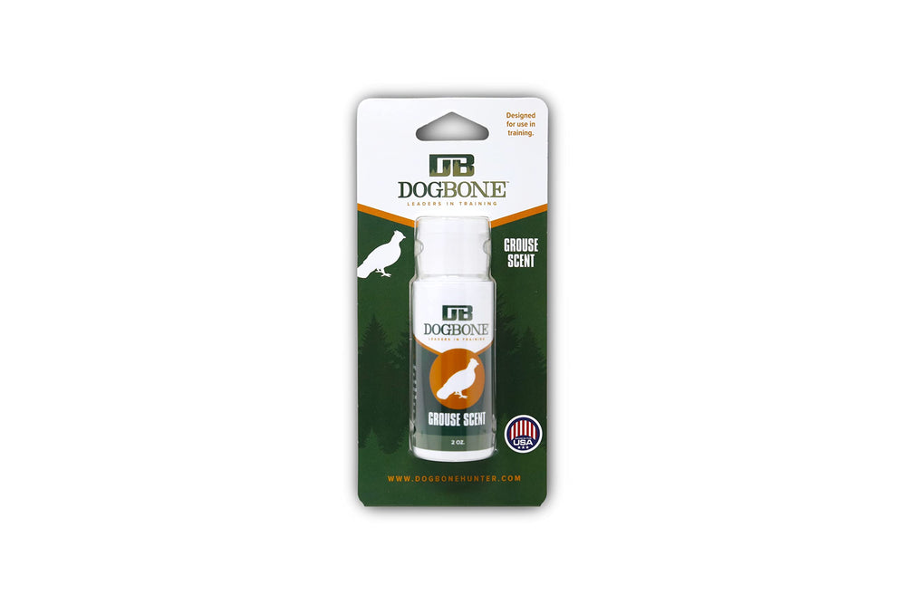 DogBone Grouse Scent bottle close-up for authentic bird dog training