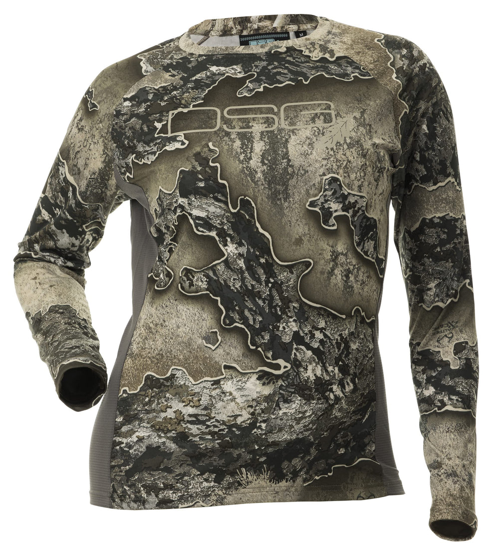 DOING SOMETHING GREAT Excape women's hunting shirt front view shows lightweight fabric for warm-day comfort.