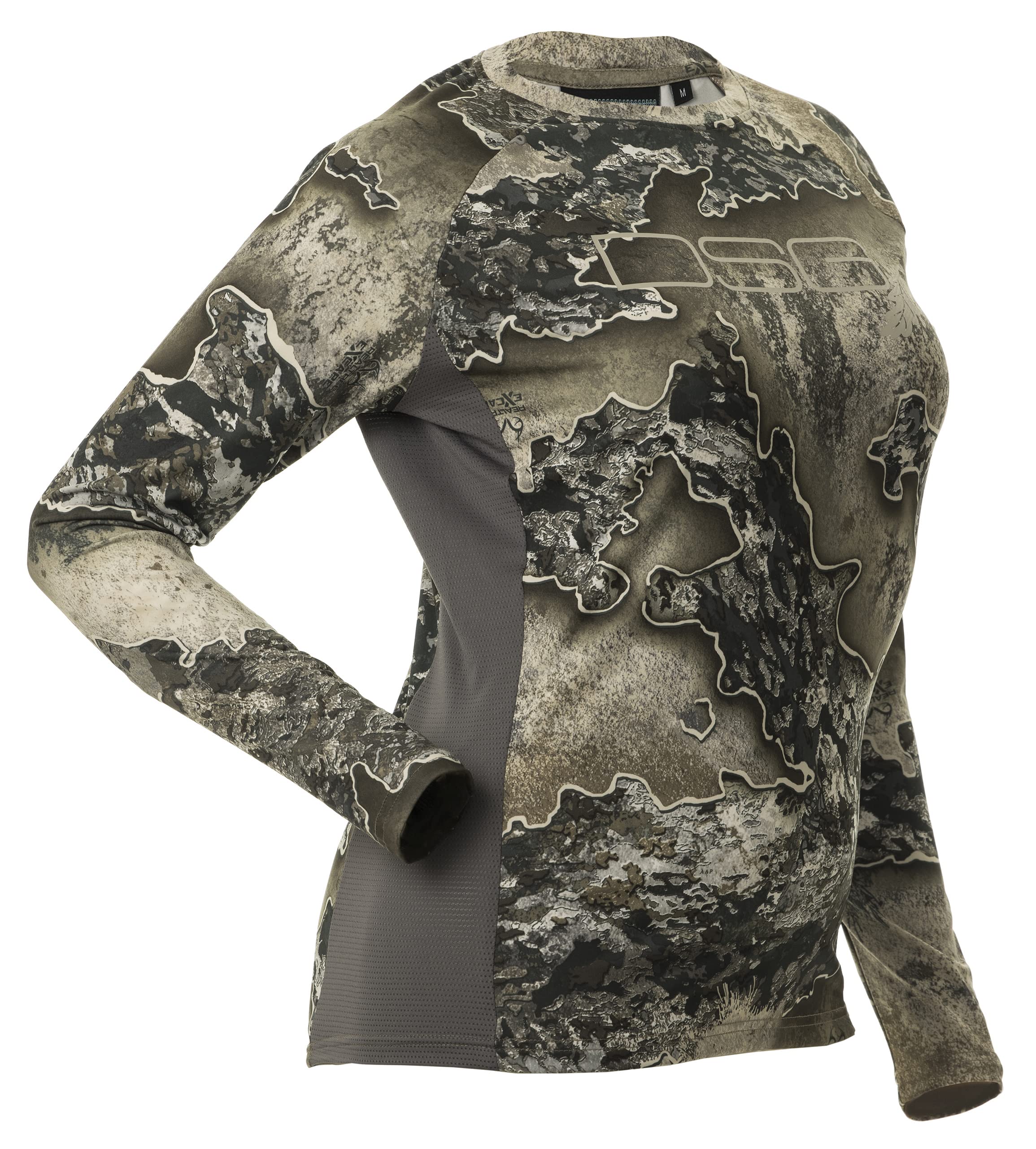 DOING SOMETHING GREAT women's hunting shirt back view shows Exscape pattern for versatile concealment.