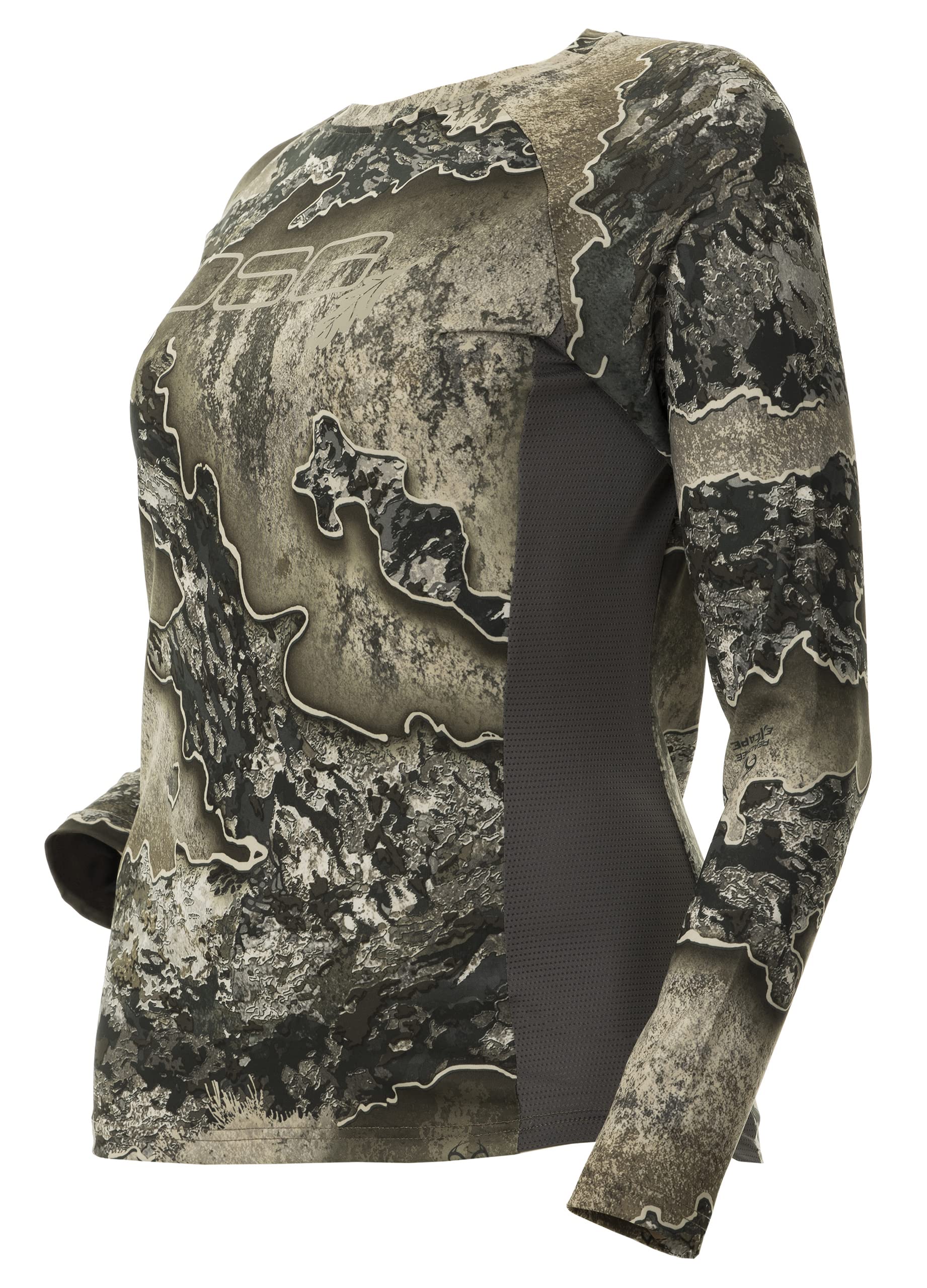 DOING SOMETHING GREAT women's ultra-lightweight hunting shirt side vent highlights air flow and moisture-wicking.