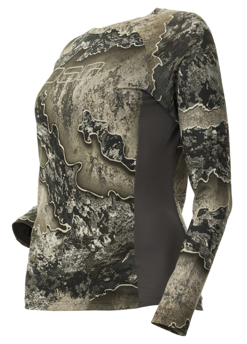 DOING SOMETHING GREAT women's ultra-lightweight hunting shirt side vent highlights air flow and moisture-wicking.