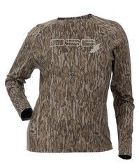 DOING SOMETHING GREAT women's ultra-lightweight hunting shirt front view MO Bottomland with sun protection
