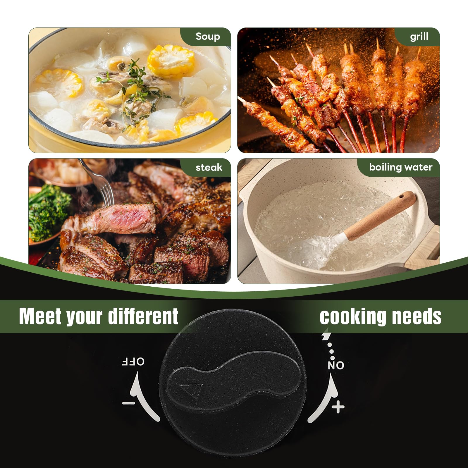 Dollate adjustable burners with piezo ignition for precise heat control.