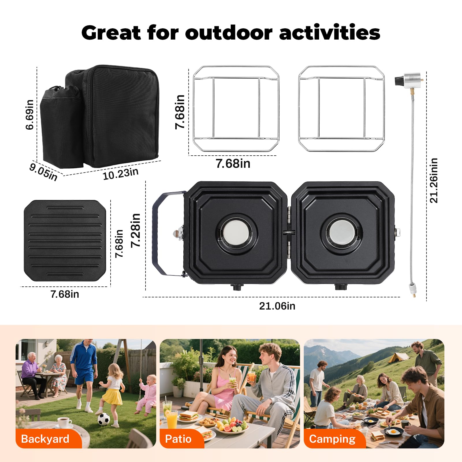 Dollate stove 16,000 BTU output powers quick outdoor meals.