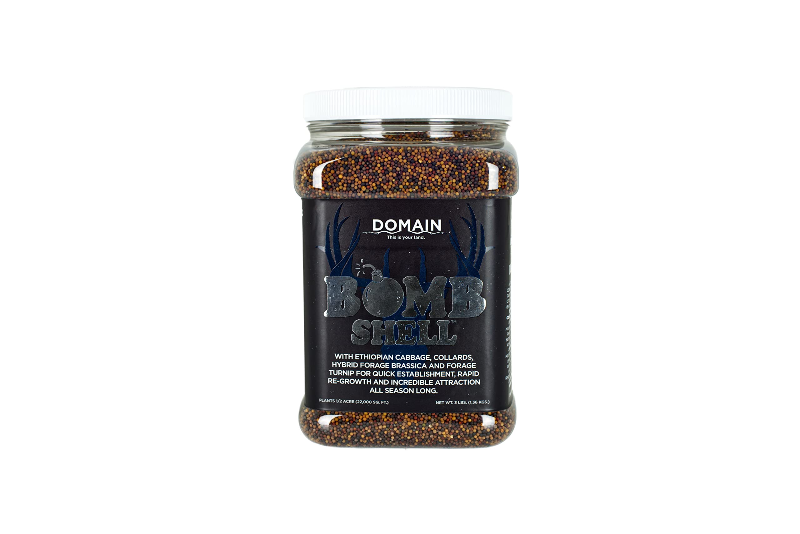 Domain Outdoor Bombshell reusable container holding 3 lb seed for half-acre plots.